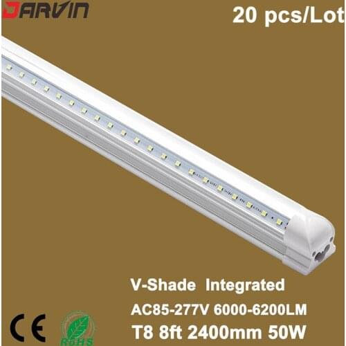 Free Shipping Led Light t8 V shade Integrated 2400mm 8ft 50W 270 Degree Led Tube Lamp AC85-265 With CE and ROHS Quality
