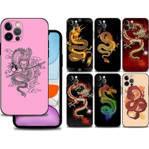 Black Case For iPhone 11 13 12 Pro Max XS XR X 8 7 6s 6 Plus 5 5S SE Bumper Soft Silicone Cover Fundas Chinese Dragon Art
