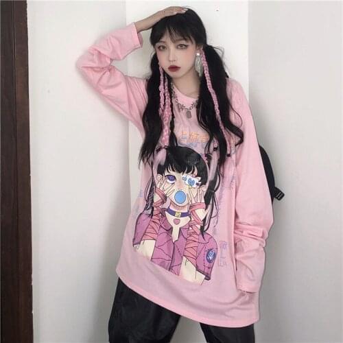 Japan Pink Oversized T-shirt Funny Long Sleeve Kawaii T Shirt Women Tee Femme Tops Ladies High Street TShirt Streetwear Girls