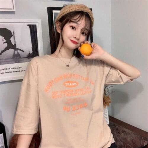 Womens T-shirts Tops Japanese Kawaii Ladies Ulzzang Letter Print Casual Loose T-shirt Female Korean Harajuku Clothes For Women