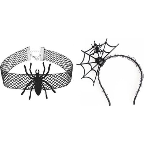 Halloween Headwear Spider Webs Headband Lace Necklace Fancy Dress-up Headpiece for Cosplay Party Novelty Headdress