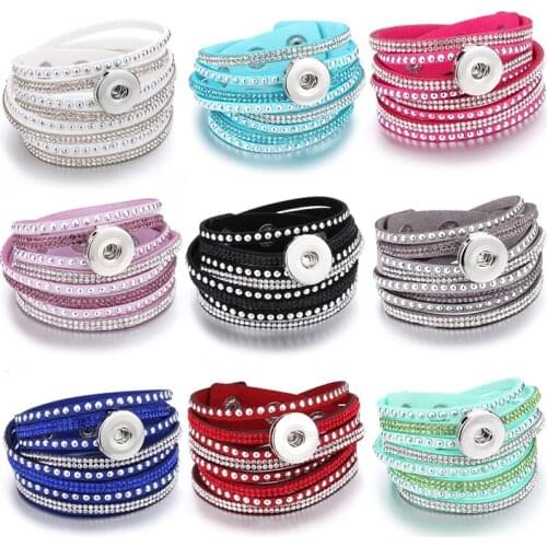 Hot Sale Leather Snap Bracelets Crystal Leather Snap Button Bracelet Handmade Wide Leather Bracelets 18mm Snaps Jewelry