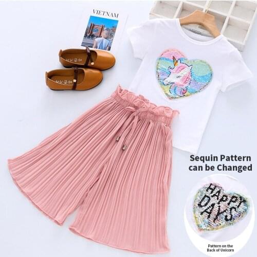 Keelorn Girls Clothes Sets Baby Kids Summer Fashion Unicorn Sequins Tops+Pants 2Pcs Kids Clothes Casual Suit Toddler Clothing