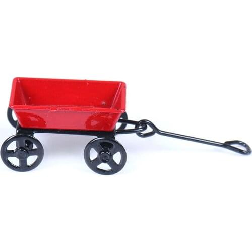 Metal1:12 Mini Cute Dollhouse Toy Gifts Ornament Miniature Metal Red Small Pulling Cart Garden Furniture Accessorie