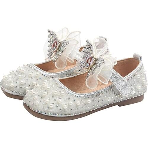 2021 Summer New Girls Leather Shoes Rhinestone Bow Princess Shoes Girls Fashion Dance Mesh Sweet Shoes Casual Flats for Wedding