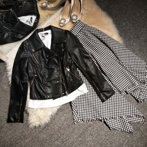 Autumn suit New style and winter style leather women s short thin Plaid half skirt two piece set
