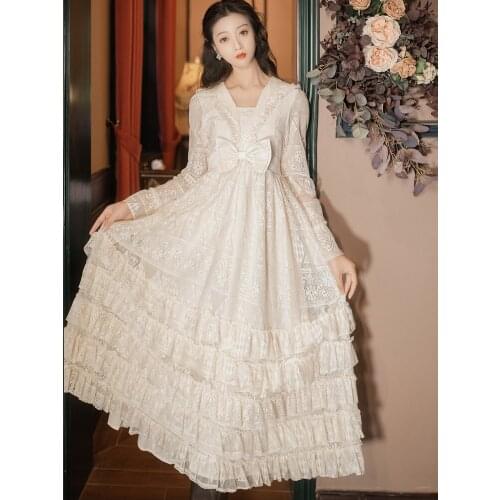 French Fairy Dress 2021 Spring New French Retro Lace Stitching Long-Sleeved Bow Sweet Cake Dress Elegant Temperament Lace Dress