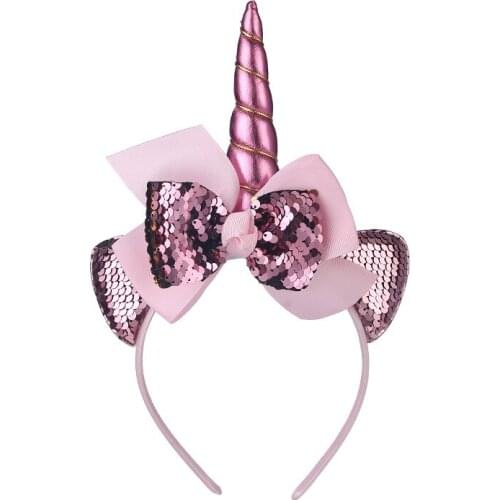 Feverbary Unicorn Horn Hairbands For Kids Girls Party Headwear Sequin Ribbon Bows Headbands Cute Children Photography Props