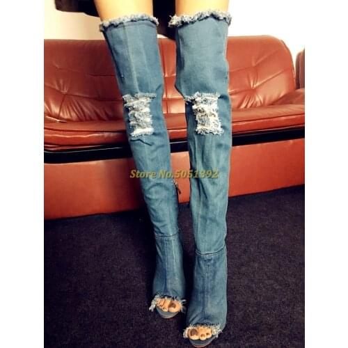 Real Picture Denim Over The Knee Boots Peep Toe Clear PVC Block Heels Hollow Fashon Women Rome Boot Zipper Dress Shoes