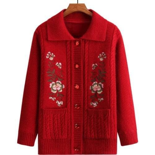 Elderly Autumn Winter Plus velvet Sweater Cardigan Jacket Thick Warm Loose Embroidery Grandmother Knitting Outwear with pockets