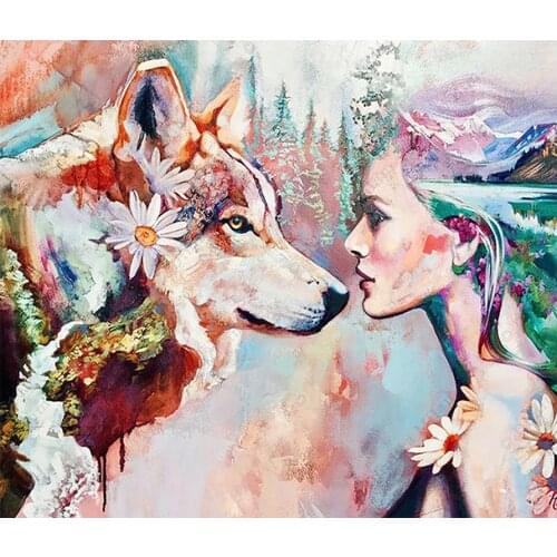 Wolf and Woman Diamond Painting Portrait Animal Round Full Drill Nouveaute DIY Mosaic Embroidery 5D Cross Stitch Home Decor