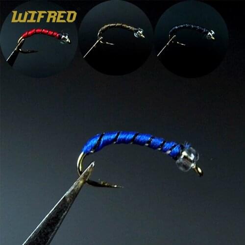 WIFREO 16PCS Caddis Larva Chironomid Midge Pupa Crystal Bead Head Nymph Buzzer Fly Trout Fishing Bait Bule Black Red Brown
