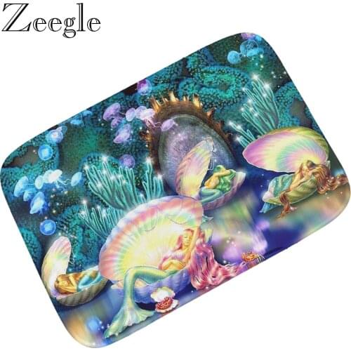 Zeegle Cartoon Printed Doormat Mermaid Carpet Entrance Flannel Home Decoration Non-slip Floor Mat And Kitchen Rug