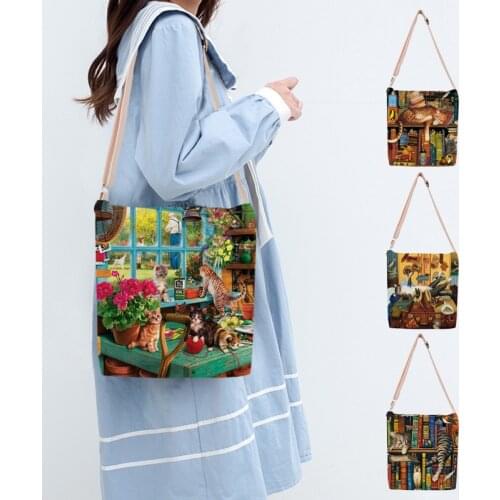 Womens Fashion Messenger Bags Lady Shouder Bag Cute Cat Oil Painting Print Crossbody Tote Bag Handbag Girls School Satchels
