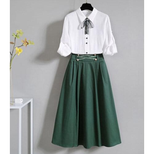 Summer 2 pieces suits bow shirt women tops + maxi long skirts set Women two piece set tracksuit