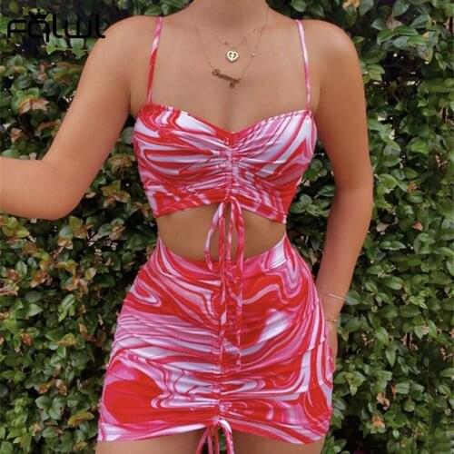 FQLWL Summer Print Bodycon 2 Two Piece Set Women Skirt 2021 Drawstring Backless Crop Top Mini Skirt Casual Tie Dye Matching Sets