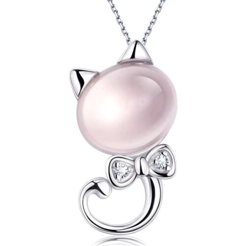 5ct Natural Rose Quartz Pendant Cute Cat Necklace in 925 Sterling Silver Lady Womens Fine Elegant jewelry Girl Birthstone Gift