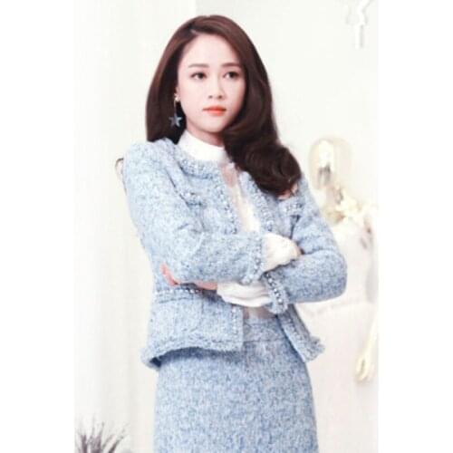 High Quality 2019 Runway autumn Winter Ladies 2 Piece Set Fashion Tweed Wool Blends Beading Jacket Coat + Mini tassel Skirt Set