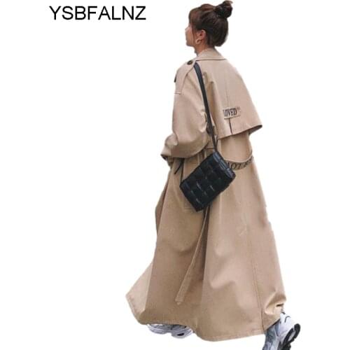 Womens Khaki Windbreaker 2021 Spring Autumn Korean Letter Embroidered Super Long Loose Long Sleeve Double-Breasted Fashion Coats
