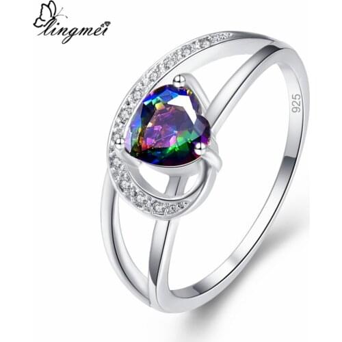 Lingmei New Fashion Engagement Heart Roamntic Multicolor & Blue White Zircon Silver Color Ring Size 6 7 8 9 Gorgeous Lovers Gift