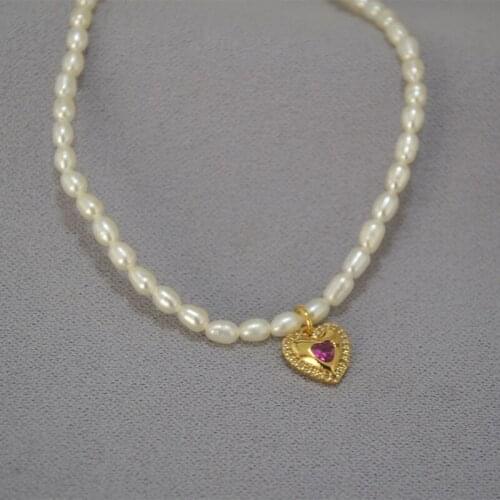 French retro rose heart-shaped pendant freshwater rice pearl elegant small simple clavicle chain necklace women