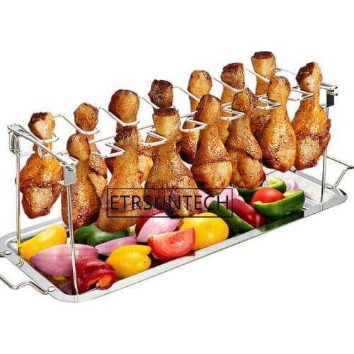 20sets 14 Slot Stainless Steel Chicken Wing Leg Drumstick Rack Oven BBQ Grill Holder with Drip Pan for BBQ Barbecue
