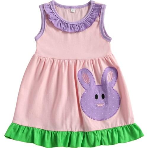 2021 Fashionable Little Girls Easter Outfit Children Summer Sweet Style Round Collar Sleeveless Bunny Pattern Lace Hemline Dress