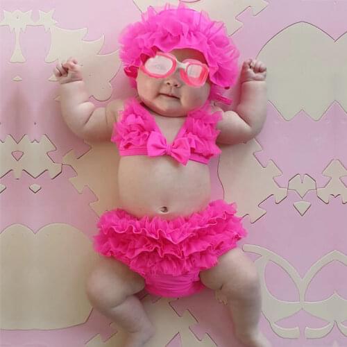 2020 Mesh Baby Girls Bikini Sets Cap 3 Pieces Kids Swim Suits Cute Pink Children Swimming Clothes Outdoor Toddler Beach Wear