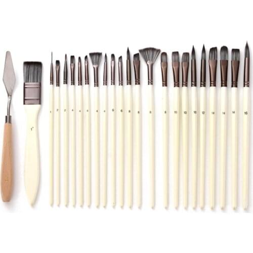 24pcs Nylon Hair Wooden Handle Watercolor Paint Brushes Pen Scraper Scrubbing Brush Set DIY Oil Acrylic Painting Art Craft