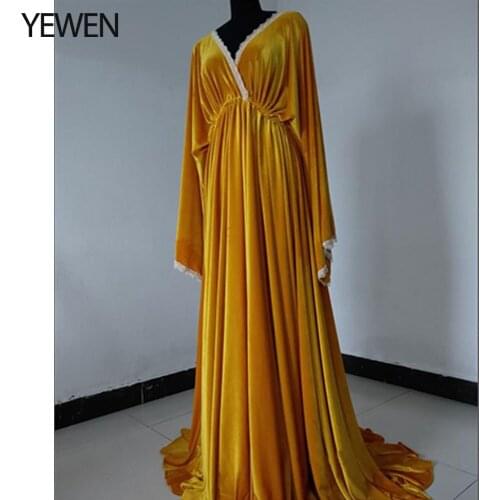 Velvet Double V Neck Evening Dress Long Stretch Waist Photo Shoot Dress Maternity Gowns YEWEN Robe Soiree Femme