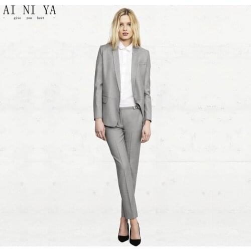 Light Gray Womens Business Suits Office Uniform Style Formal Pant Suits For Weddings Tuxedo Female Trouser Suits Custom Made