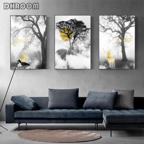 Black and White Forest Canvas Painting Golden Elk Wall Art Poster Print Modern Minimalist Decorative Picture Living Room Decor