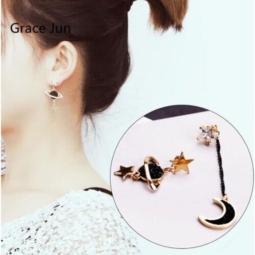 Top Quality Vintage crystal CZ Planet Star Moon Long Clip on Earrings No Pierced for Women Party Luxury Drop Pierced Earrings