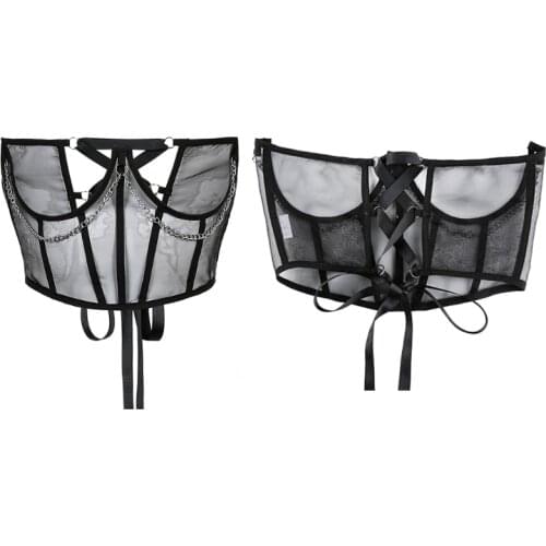 Gothic Punk Metal Chain Black Mesh Corset Underbust Bustiers Harajuku Vintage Sheer Lace-Up Waist Belt Shaper Cincher