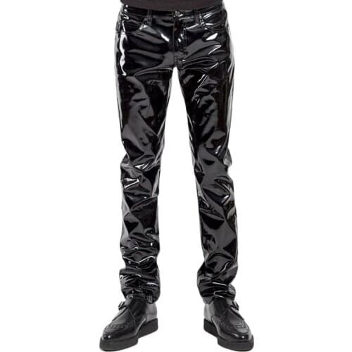 Hot Sales Motobyke Men Sexy Black Wetlook PVC Stage Wear Faux Leather Pencil Pants Skinny Latex Leggings Pole Dance Club Wear