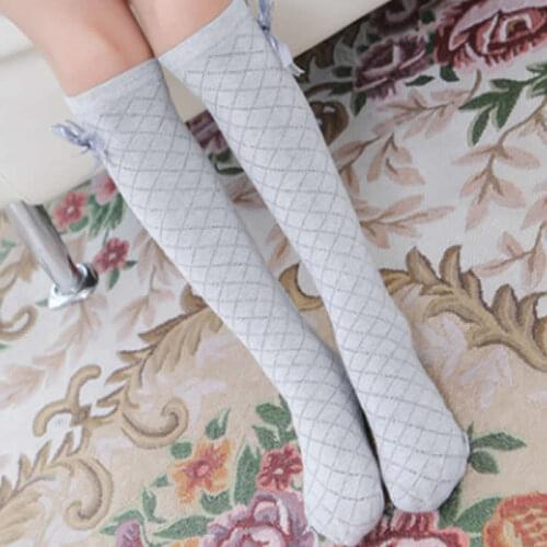 Bow cotton silk stockings diamond lattice mesh girls for straight children cotton knee high big girl fashion leg warmers thin