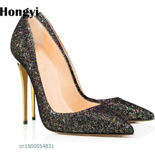 Hongyi New Bling Bling High Heels Shoes Women Pumps Pointed toe Woman Crystal Wedding Shoes 12cm heel big size