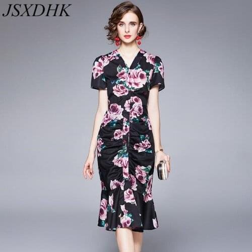 JSXDHK 2021 Summer Rose Printed Ruffles Mermaid Dress Elegant Women Short Sleeve Flowers Single Breasted Bodycon Midi Dresses