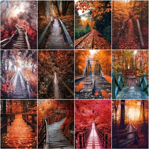 CHENISTORY Oil Painting By Numbers Autumn Landscape For Adults Acrylic Drawing Canvas Tree Wooden Bridge Scenery Picture Home De