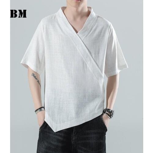 Chinese Style Summer Fashion Thin Cotton Linen Short Sleeve Shirt 2021 Irregular Cut Harajuku Plus Size Casual Top Men Clothing