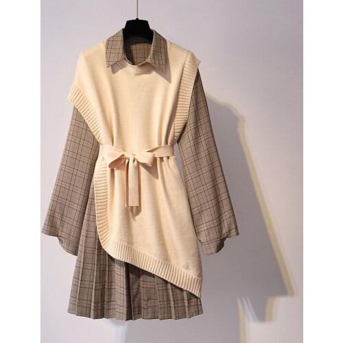 Plaid Shirt Sweater Vest Knit Sweater Vest Dress Two-piece Suit 2021 New Mid-length Loose Fashion Shirt + Waistcoat Set Outfit