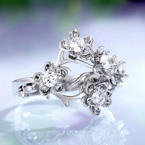 Fashion Creative Design Plum Blossoms Branches Shape Zircon Inlaid Ring for Women Wedding Party Finger Ring Hollow Zircon Ring