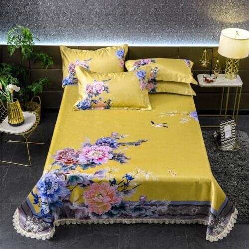 2020 Cool Silk Material Summer Flat Bed Sheets with Pillowcase 3pcs Queen 250*250cm Printed Bedding summer sleeping mat