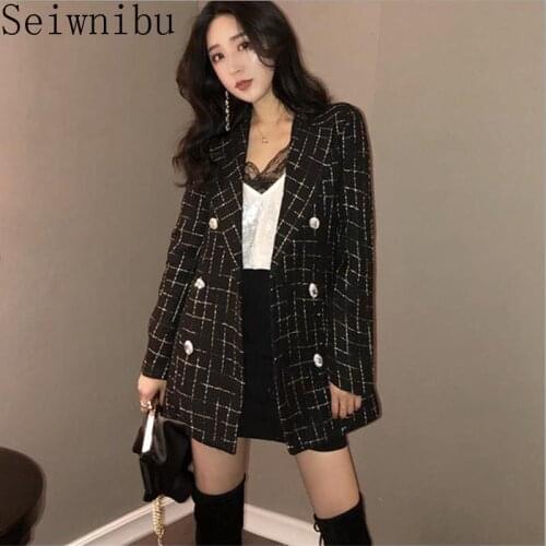 Vintage Plaid Tweed Jacket Women New Autumn Streetwear Double Breasted Notched Pocket Jackets Long Sleeve Wool Outerwear