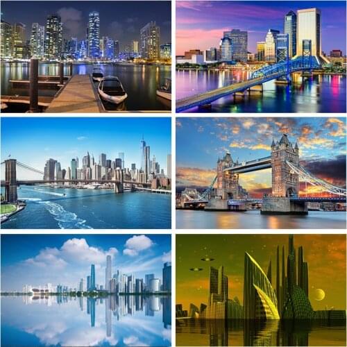 Laeacco Modern City Metropolis Buildings Sea Bridge Scenic Photography Backgrounds Photo Backdrops For Photo Studio Photocall