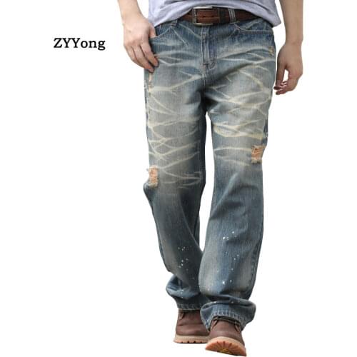 Retro Men Baggy Jeans Leisure Hole Stripe Straight Large Size Wide Leg Denim Pants Hip Hop Skateboard Blue Tattered Trousers