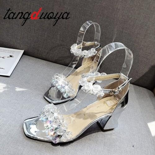 Crystal sandals with low heels Women Sandals 2021 Summer Shoes Women Open Toe Crystal Chunky Sandals heels women gold sliver