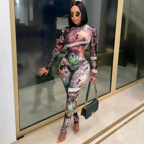 Mesh Print Sexy Two Piece Set Women Clubwear 2 Piece Outfits for Women Streetwear Long Sleeve Bodycon Jumpsuit + Long Pants Set
