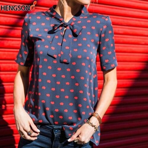 Chiffon Blouse Fashion Red Lips Printed Shirt Women Casual Lace Up Bow Short Sleeve Women Blouses Summer Tops