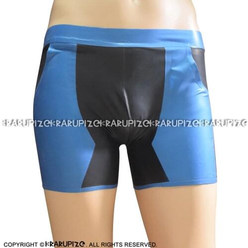 Blue And Black Trims Sexy Latex Boxer Shorts With Pockets Rubber BoyShorts Underpants Underwear Briefs DK-0150